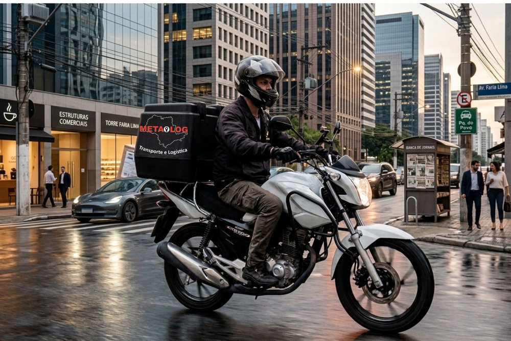 Motoboy da METALOG em entrega na Av. Faria Lima, São Paulo